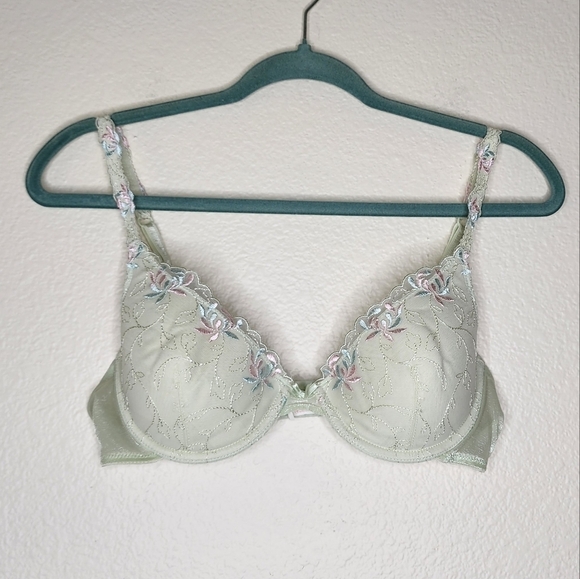 Vintage Lily Of France Green Floral Embroidery Padded Push Up Bra 36B - Picture 5 of 6